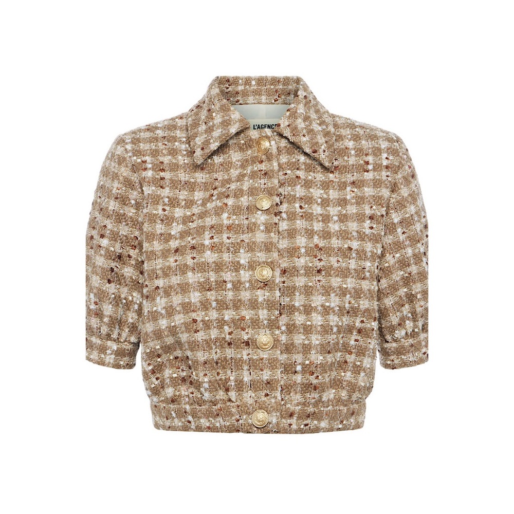 L'AGENCE Cove Cropped Tweed Short‎ Sleeve Puff Jacket cappuccino cream tan 10